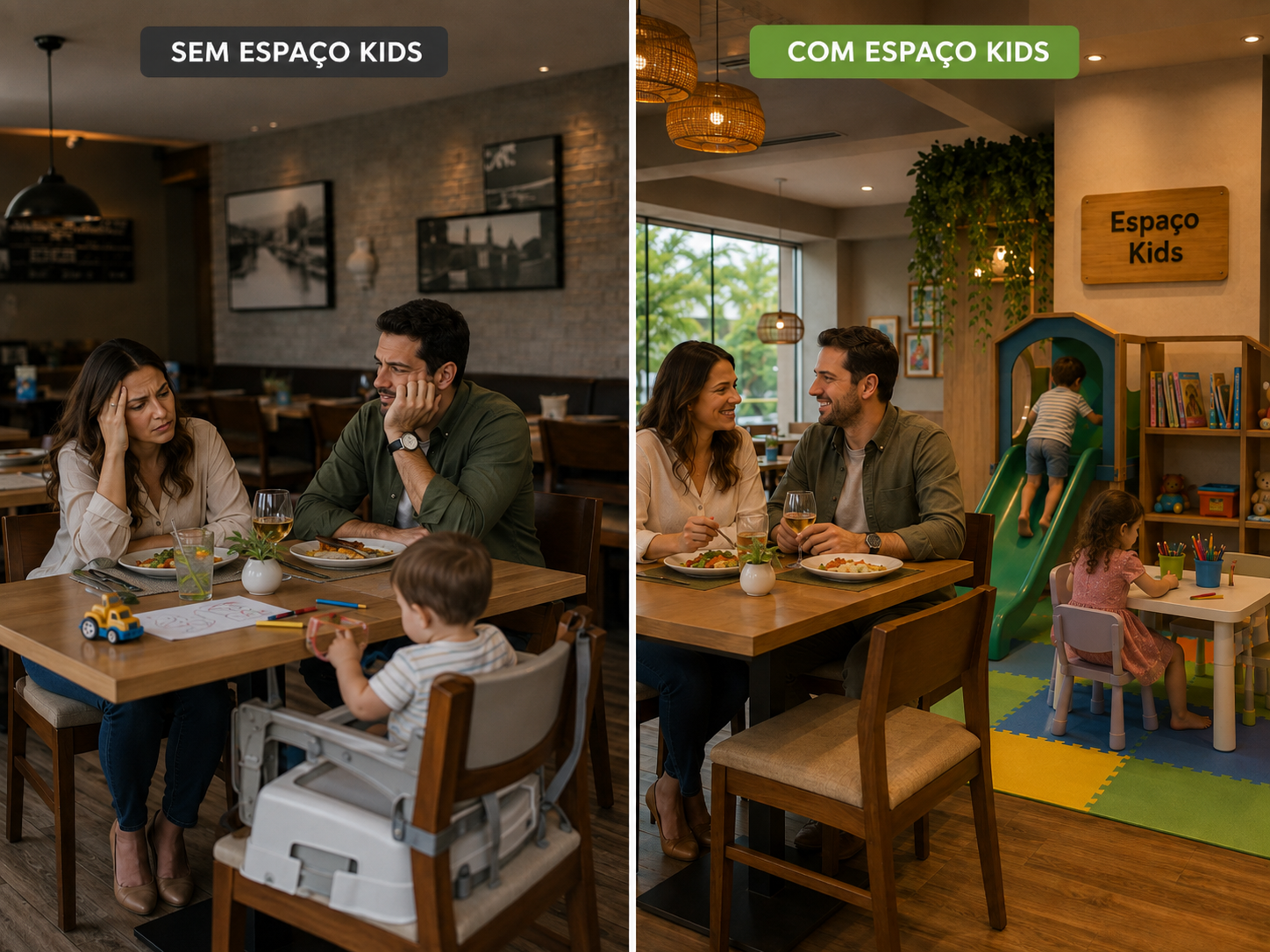 família reunida em restaurante com espaço kids ao fundo