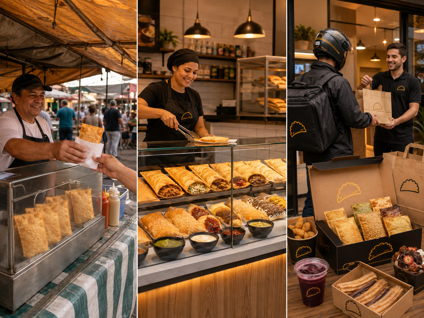 pastel brasileiro bem apresentado em ambiente de lanchonete ou feira